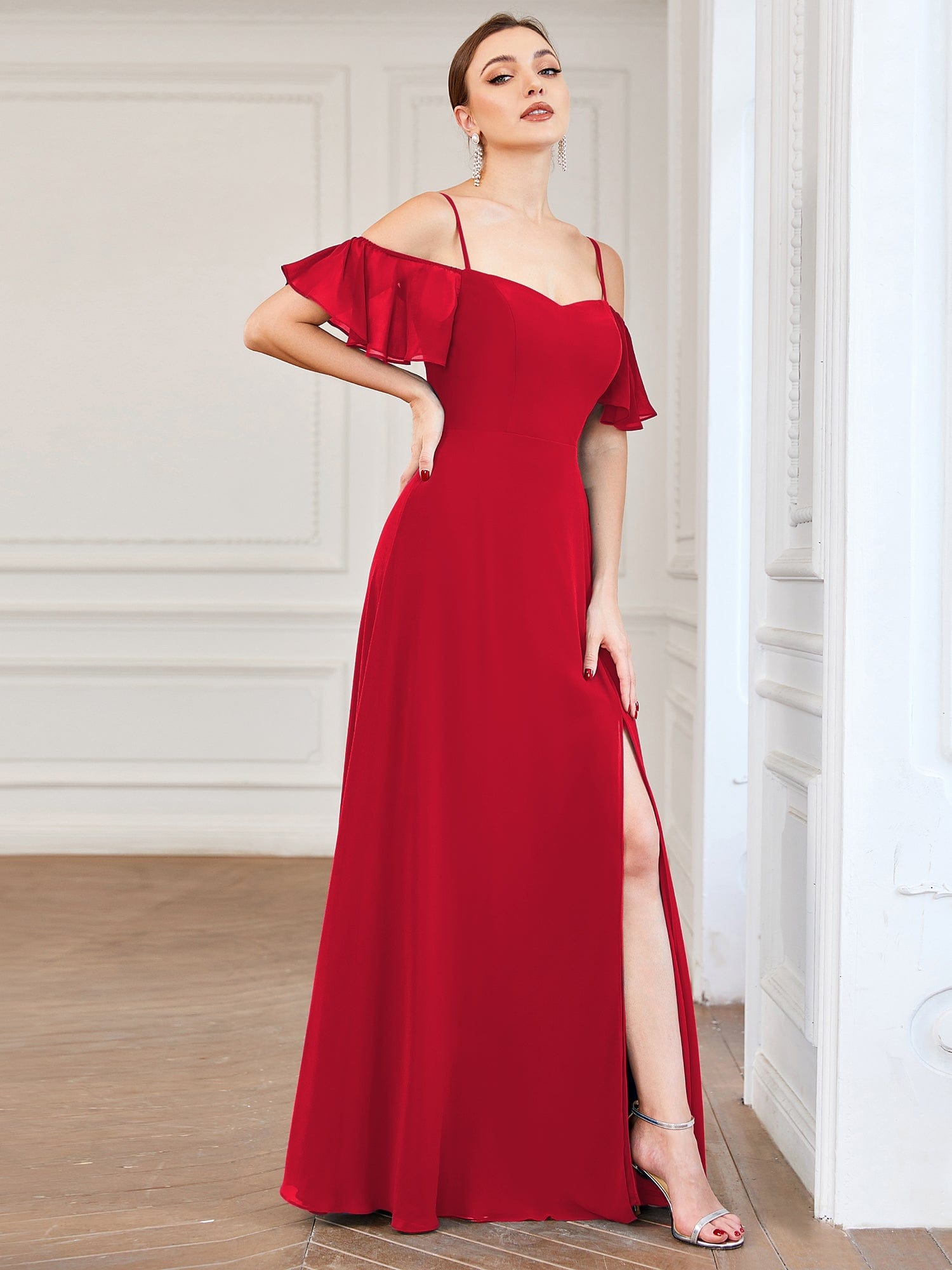 Custom Size Cold Shoulder Formal Bridesmaid Dress with Side Slit #color_Red