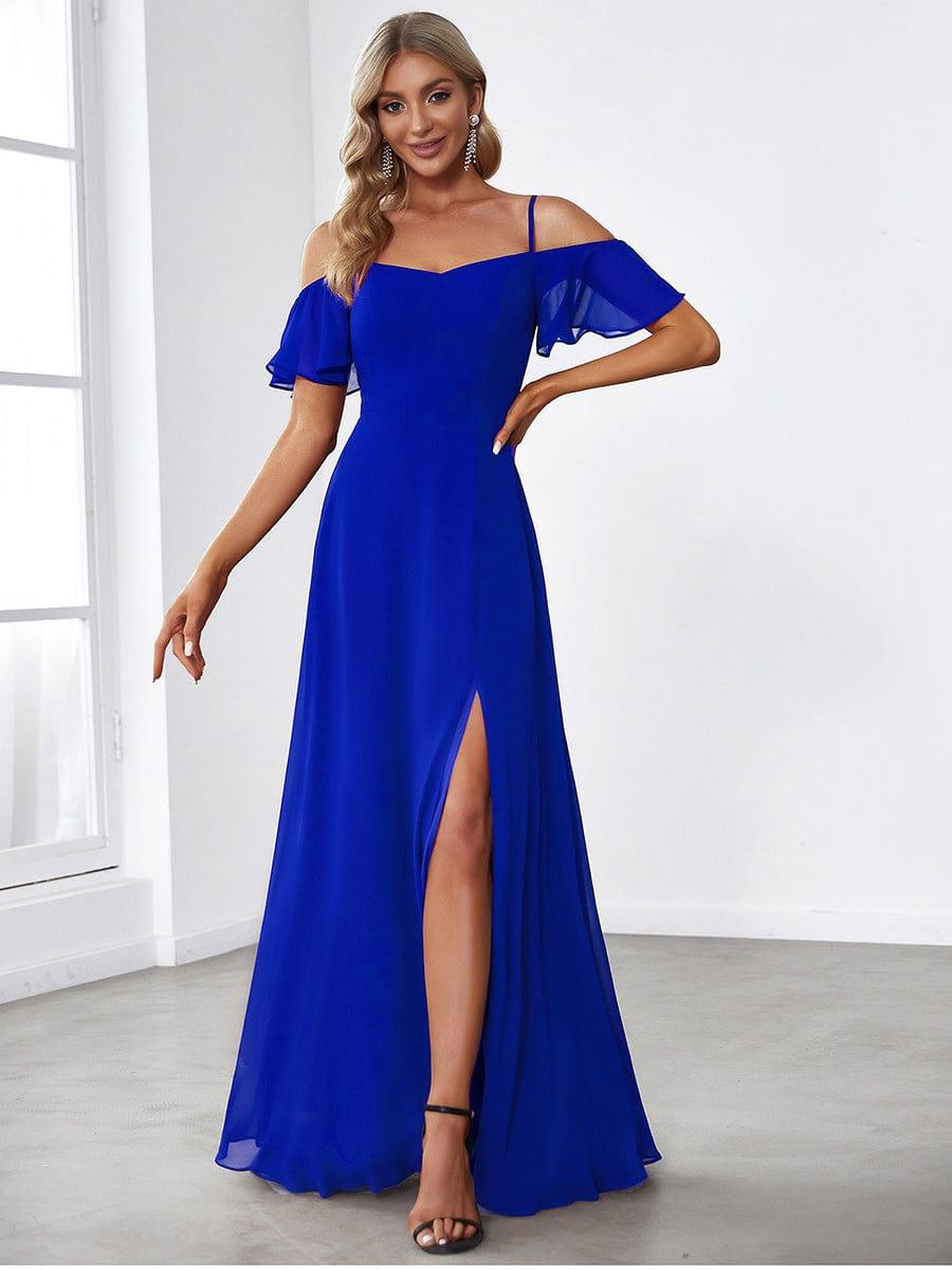 Custom Size Cold Shoulder Formal Bridesmaid Dress with Side Slit #color_Sapphire Blue