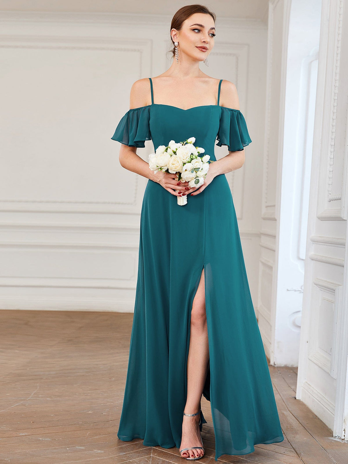 Chiffon Off-The-Shoulder Side Slit Bridesmaid Dress with sleeves #color_Teal 