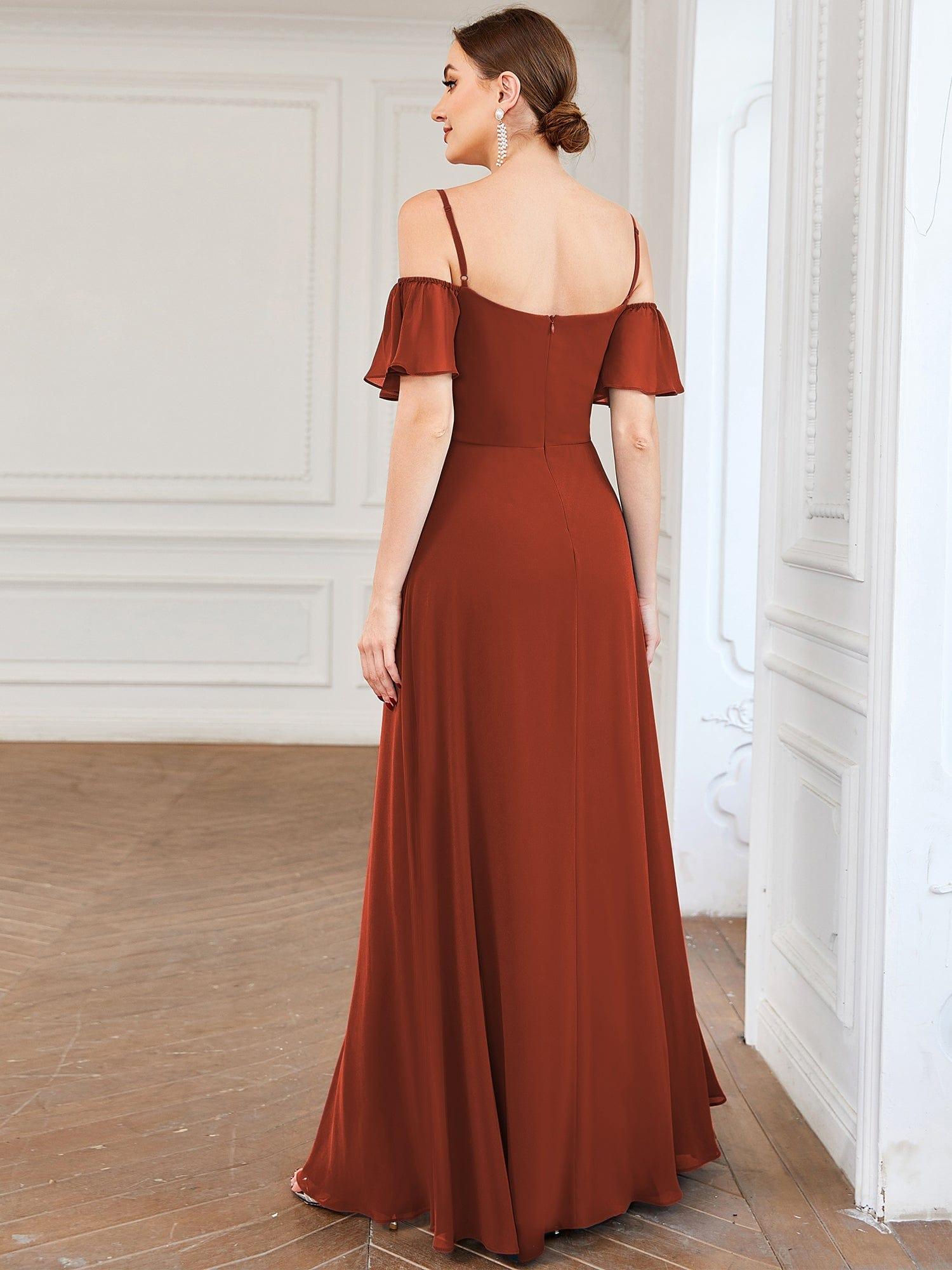 Custom Size Cold Shoulder Formal Bridesmaid Dress with Side Slit #color_Vermilion