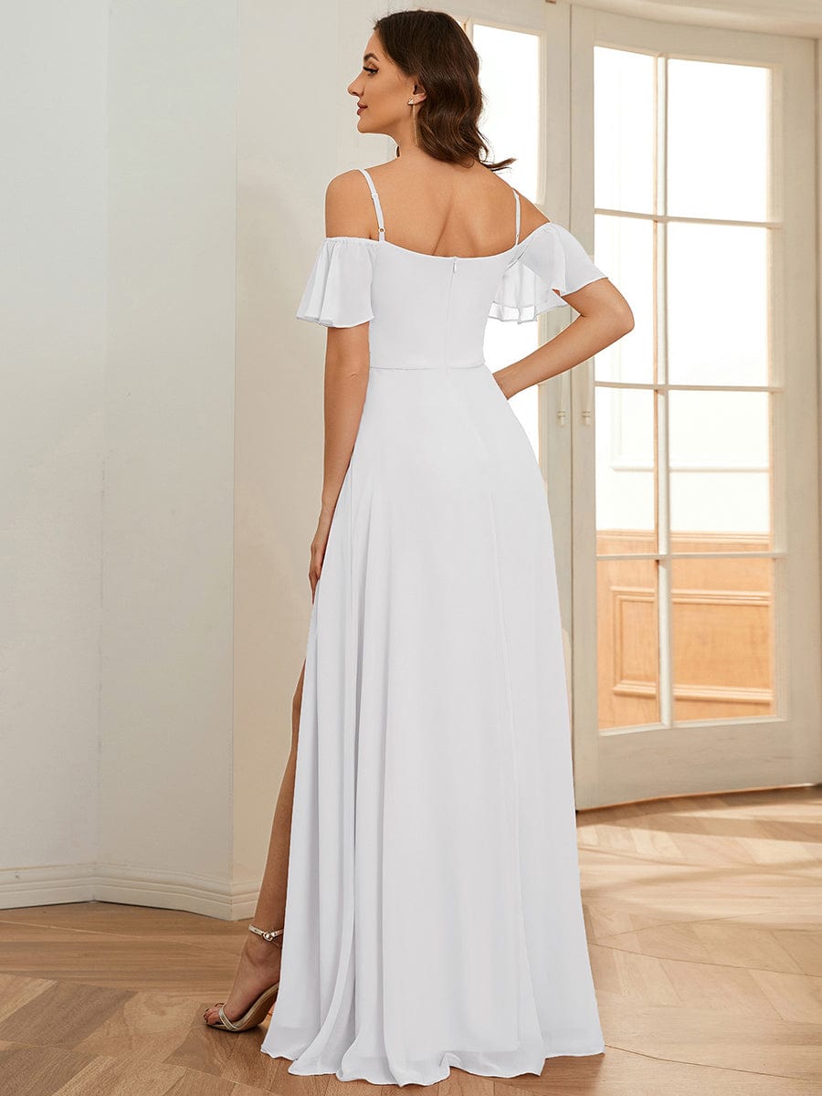 Custom Size Cold Shoulder Formal Bridesmaid Dress with Side Slit #color_White