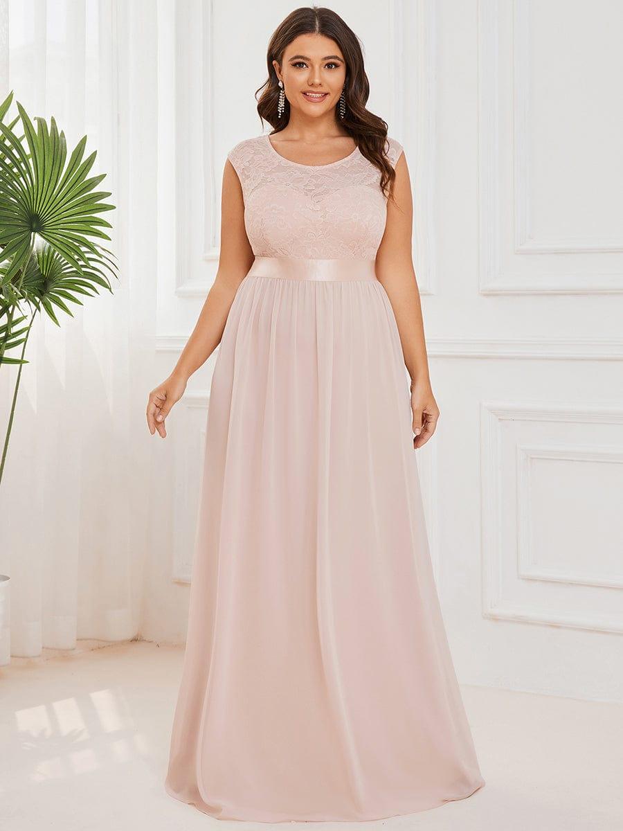 Plus Size Classic Round Neck V Back A-Line Chiffon Bridesmaid Dresses with Lace