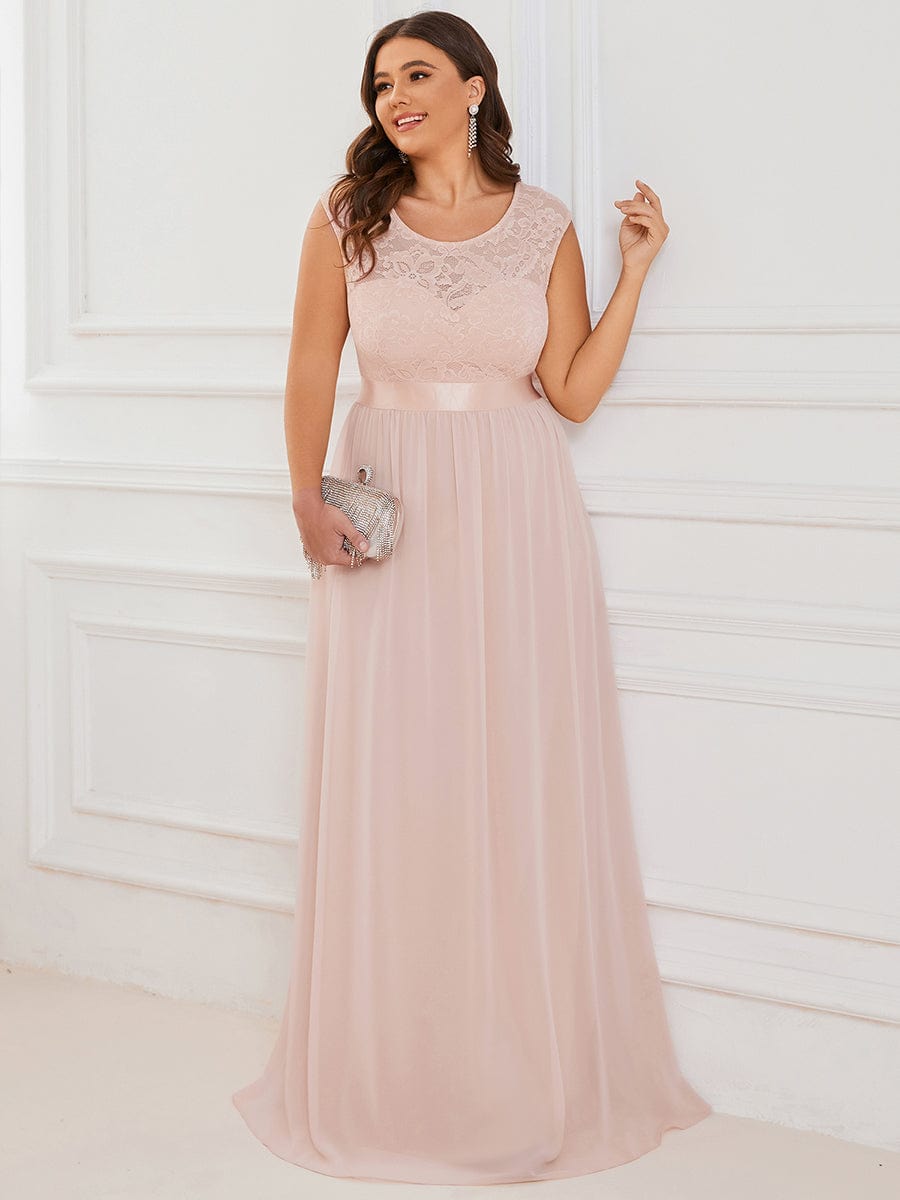 Custom Size Classic Round Neck V Back Lace Bodice Bridesmaid Dress #color_Blush