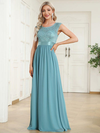 Classic Round Neck Backless Lace Bodice Bridesmaid Dress #color_Light Teal 