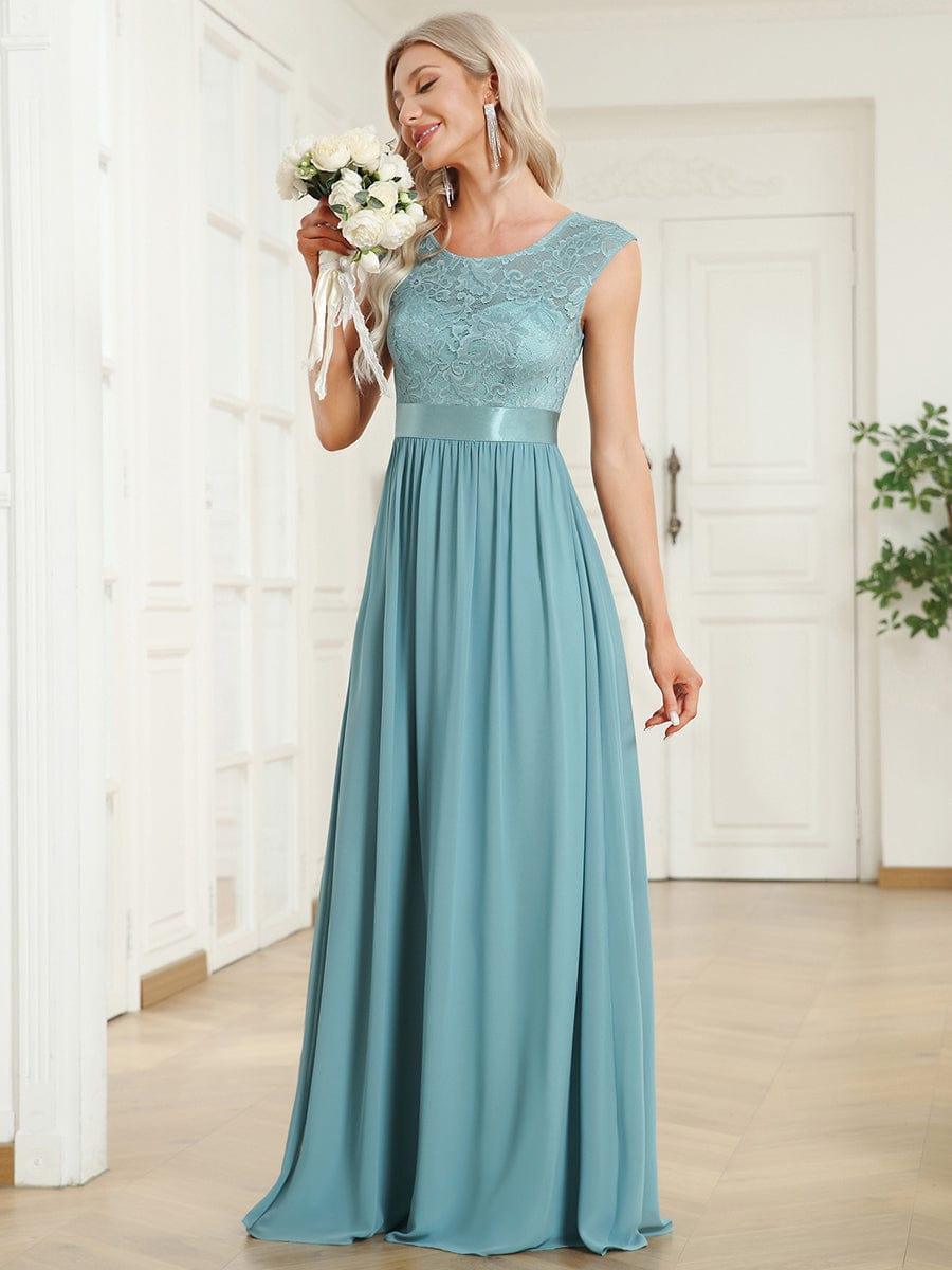 Classic Round Neck Backless Lace Bodice Bridesmaid Dress #color_Light Teal 