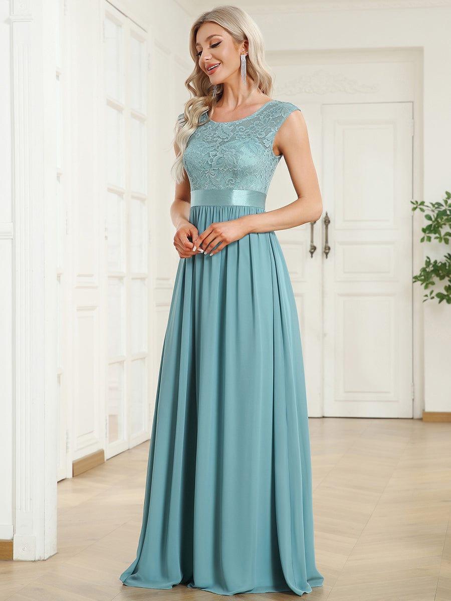 Classic Round Neck Backless Lace Bodice Bridesmaid Dress #color_Light Teal 