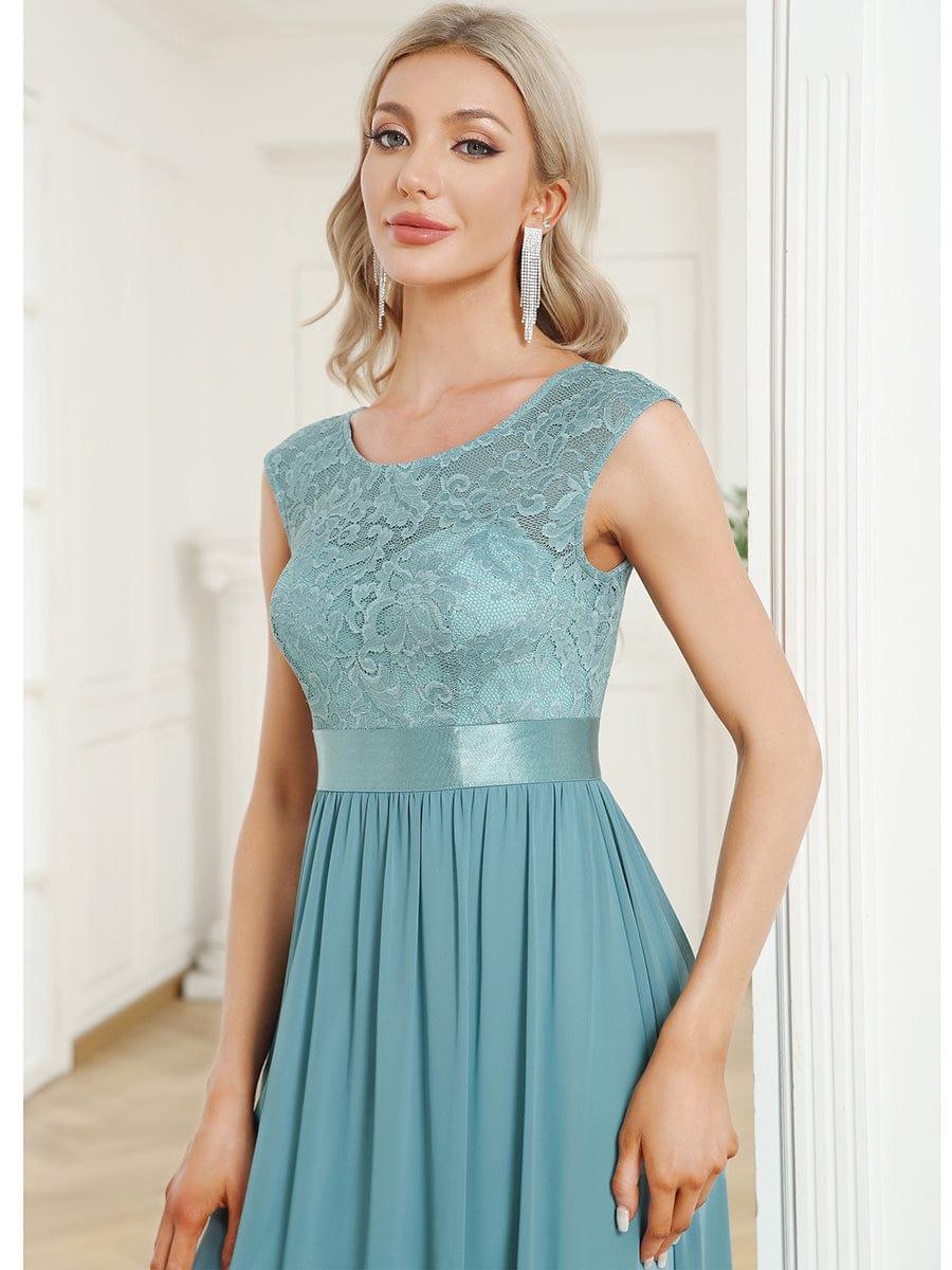 Classic Round Neck Backless Lace Bodice Bridesmaid Dress #color_Light Teal 