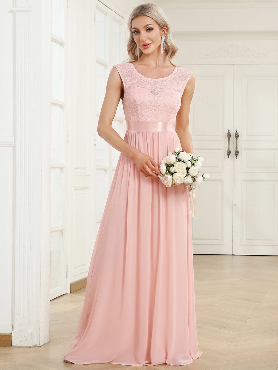 Classic Round Neck V Back Lace Bodice Bridesmaid Dress #color_Pink 