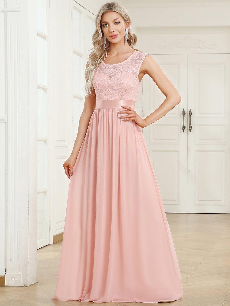 Classic Round Neck V Back Lace Bodice Bridesmaid Dress #color_Pink 