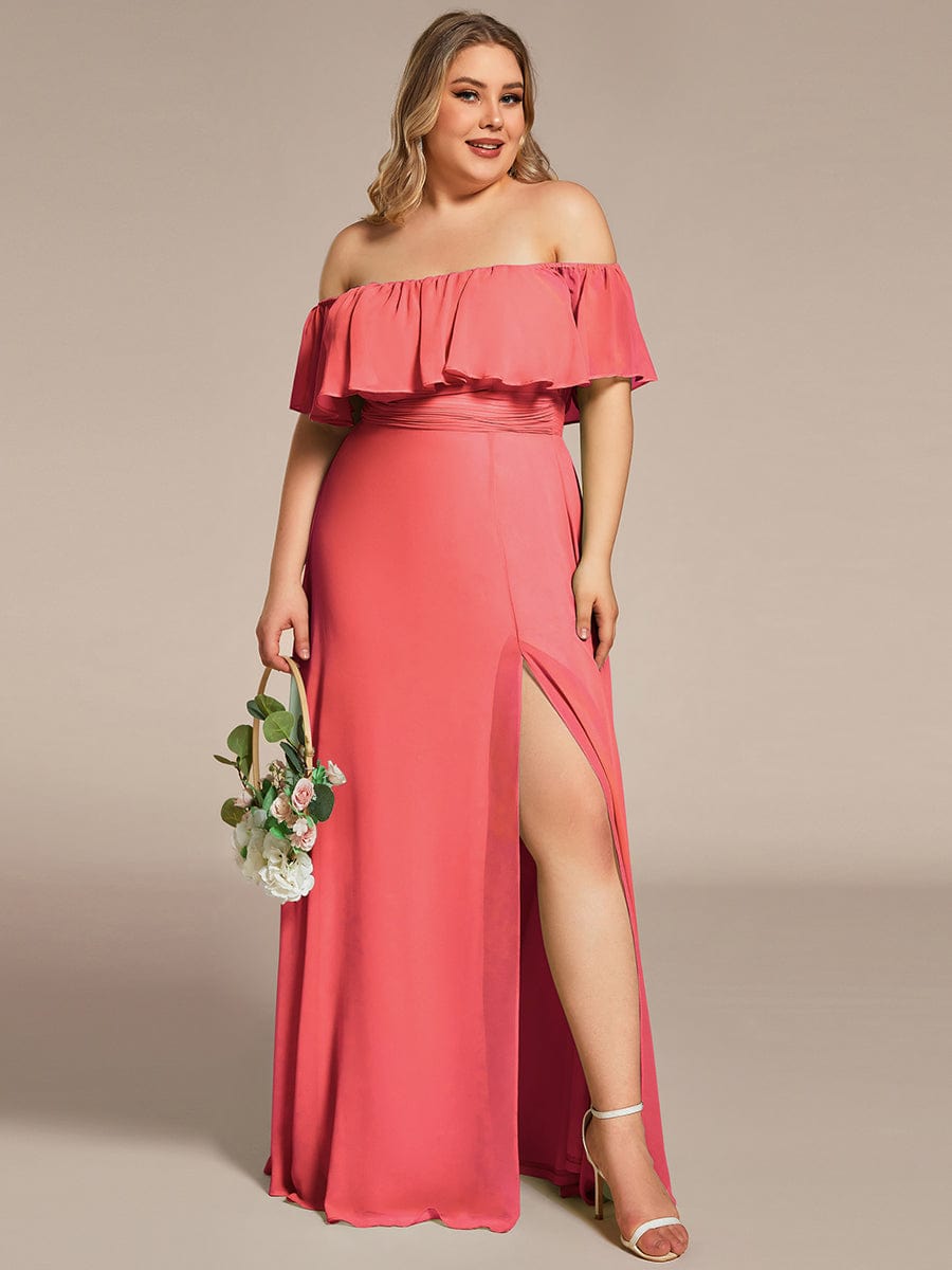 Custom Size Chiffon Ruffle Off Shoulder Thigh Split Bridesmaid Dresses #color_Coral