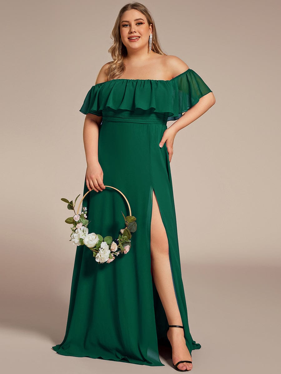 Custom Size Chiffon Ruffle Off Shoulder Thigh Split Bridesmaid Dresses #color_Dark Green