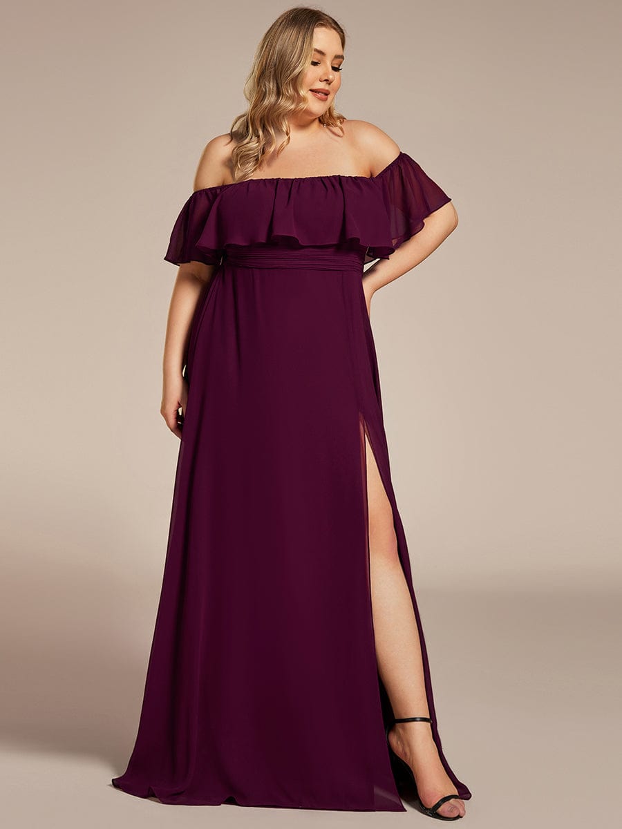 Custom Size Chiffon Ruffle Off Shoulder Thigh Split Bridesmaid Dresses #color_Mulberry