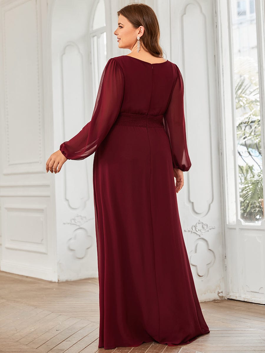 See-Througth Puff Sleeve Chiffon Plus Size Bridesmaid Dress #color_Burgundy