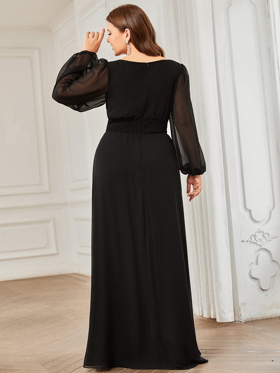 See-Througth Puff Sleeve Chiffon Plus Size Bridesmaid Dress #color_Black