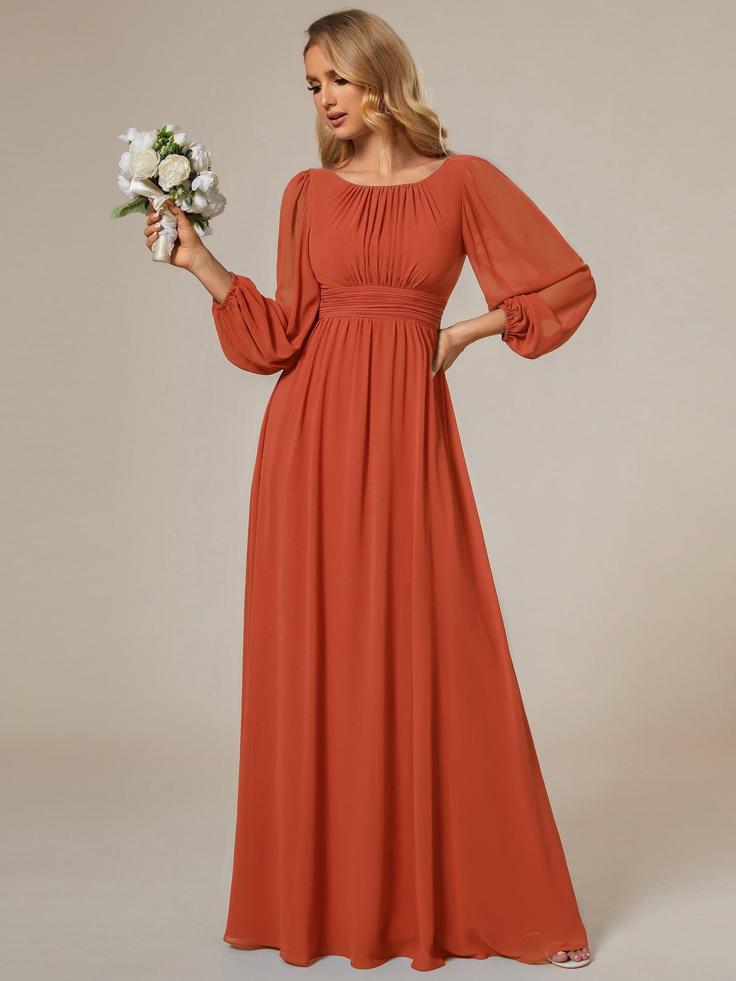 Custom Size See-Througth Puff Sleeve Chiffon Bridesmaid Dress #color_Burnt Orange