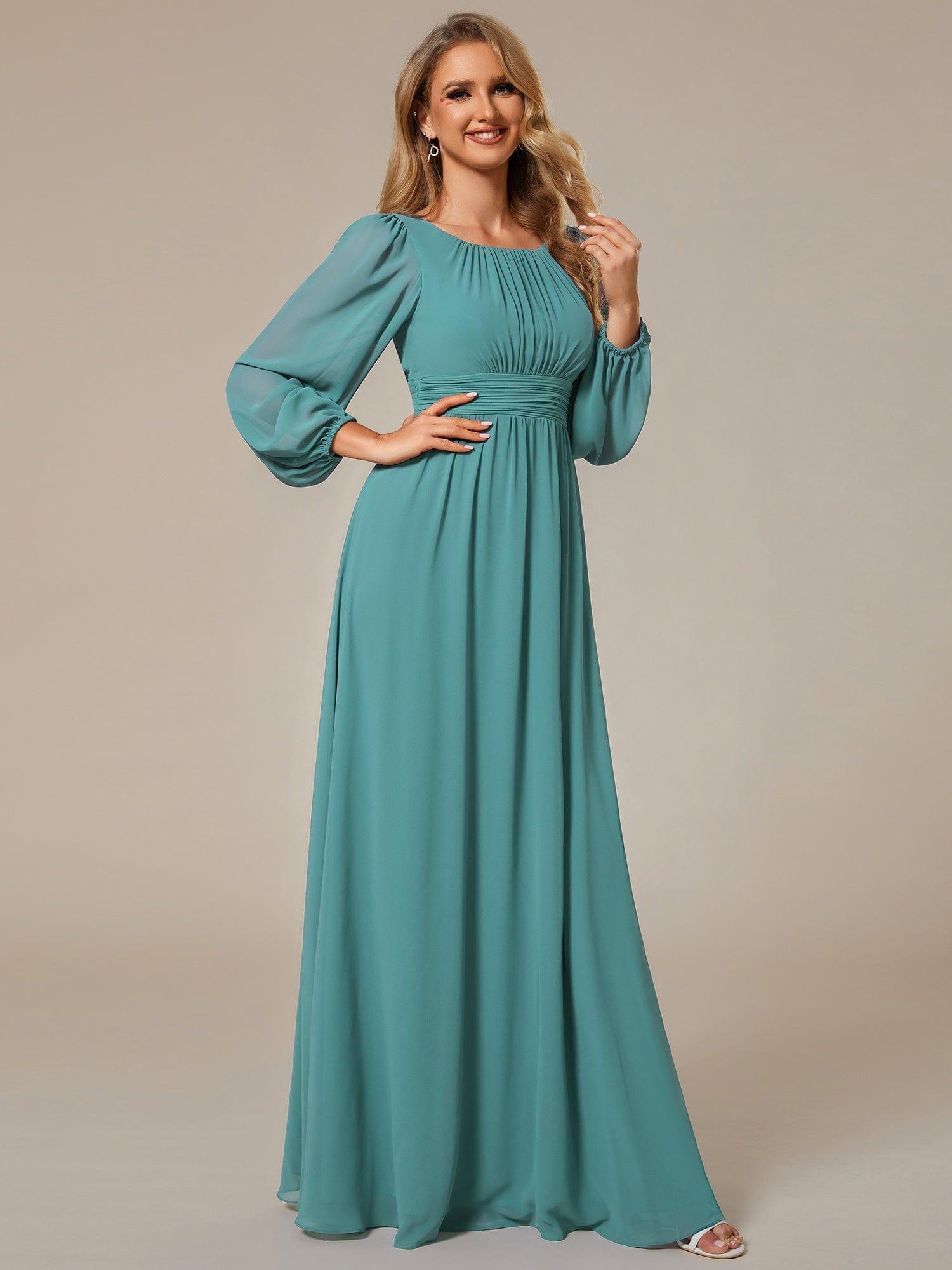 Custom Size See-Througth Puff Sleeve Chiffon Bridesmaid Dress #color_Light Teal