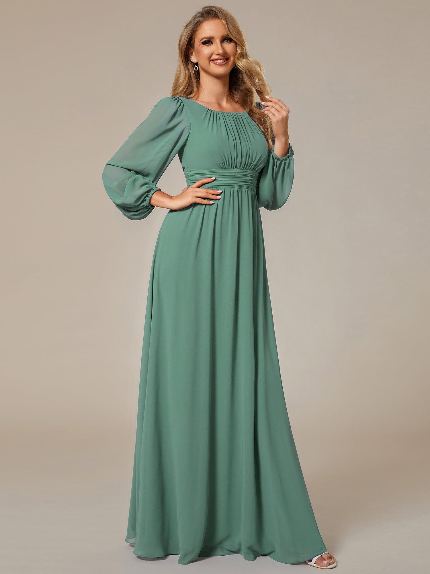 Custom Size See-Througth Puff Sleeve Chiffon Bridesmaid Dress #color_Green Blue