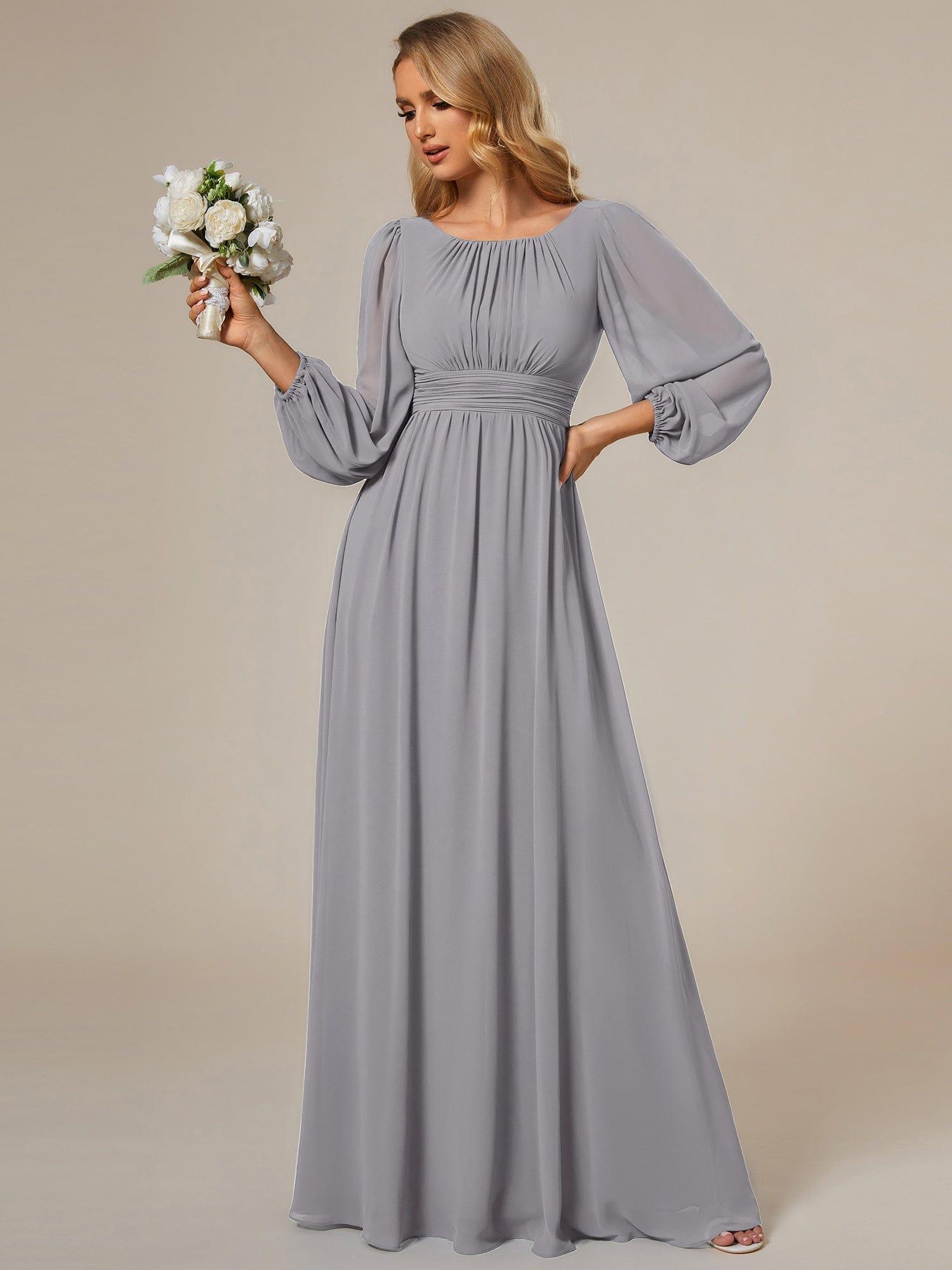 Custom Size See-Througth Puff Sleeve Chiffon Bridesmaid Dress #color_Grey