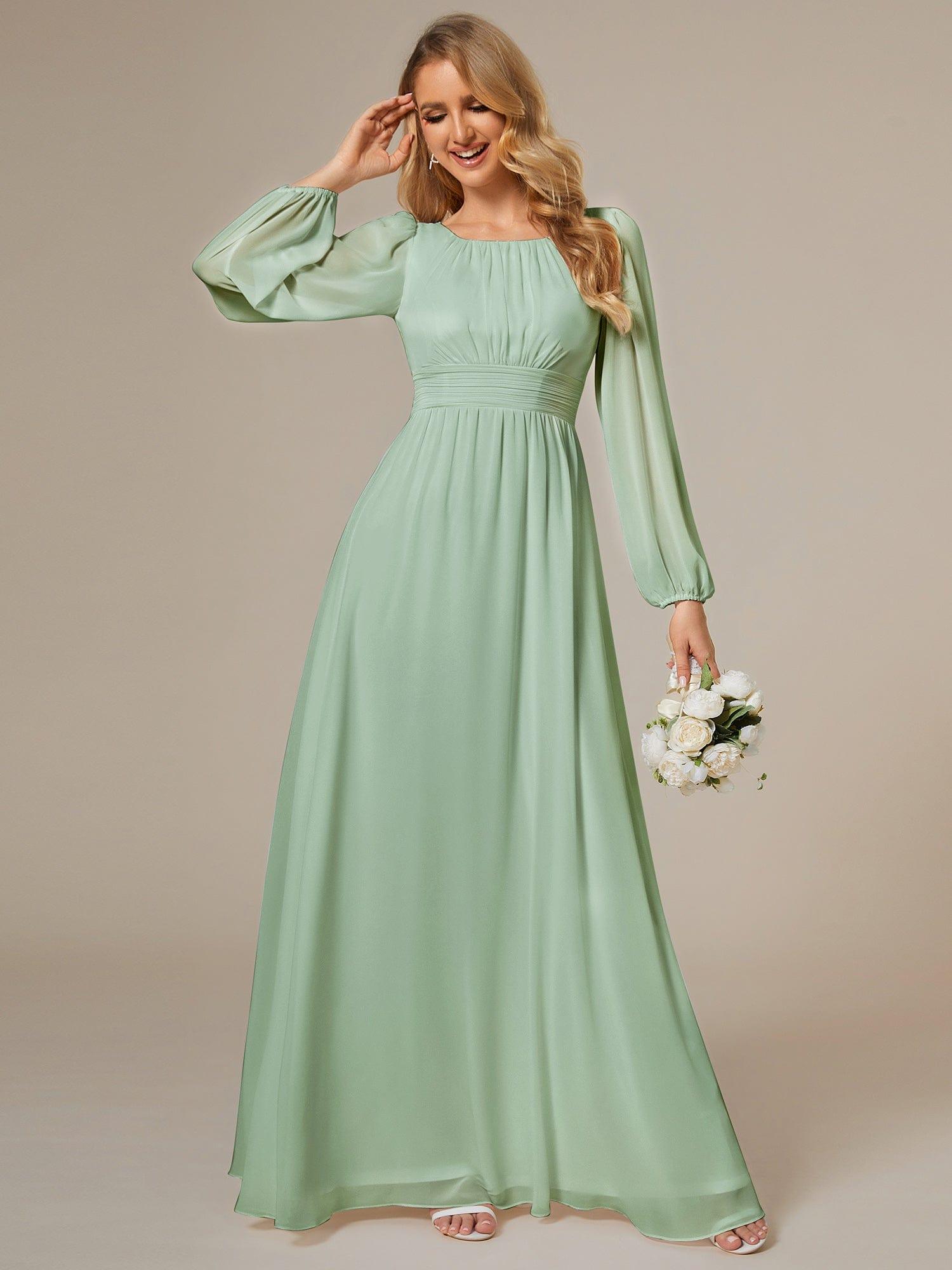 Custom Size See-Througth Puff Sleeve Chiffon Bridesmaid Dress #color_Mint Green