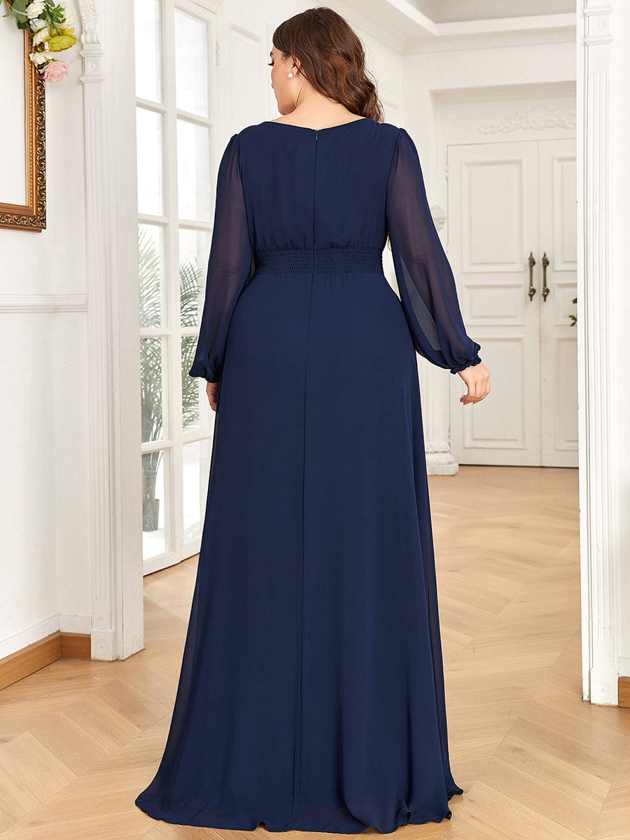 See-Througth Puff Sleeve Chiffon Plus Size Bridesmaid Dress #color_Navy Blue