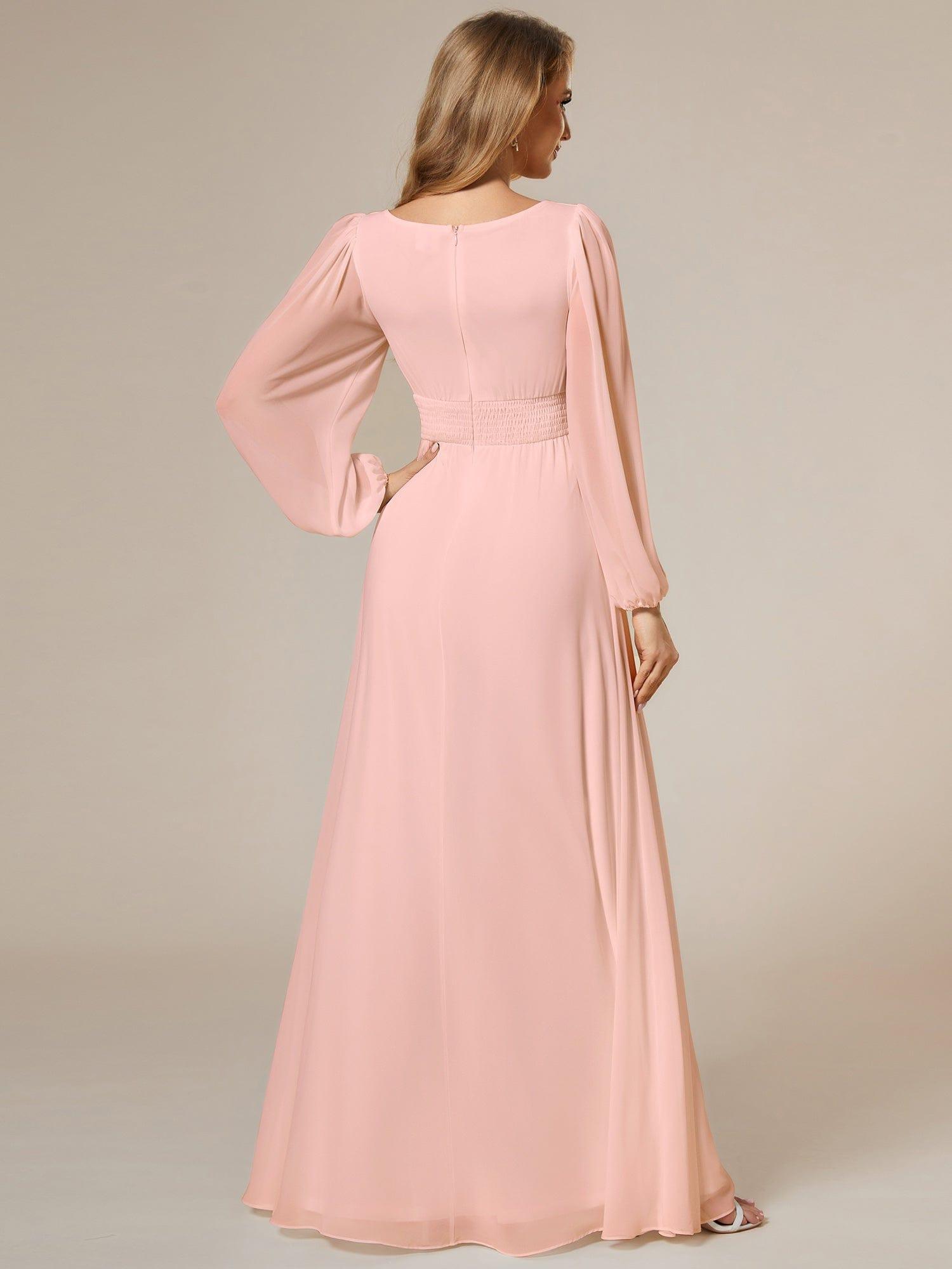 Custom Size See-Througth Puff Sleeve Chiffon Bridesmaid Dress #color_Pink