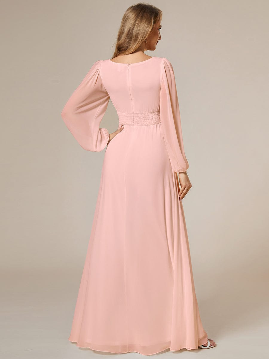 Chiffon High Empire Waist Puff Sleeve Bridesmaid Dress #color_Pink