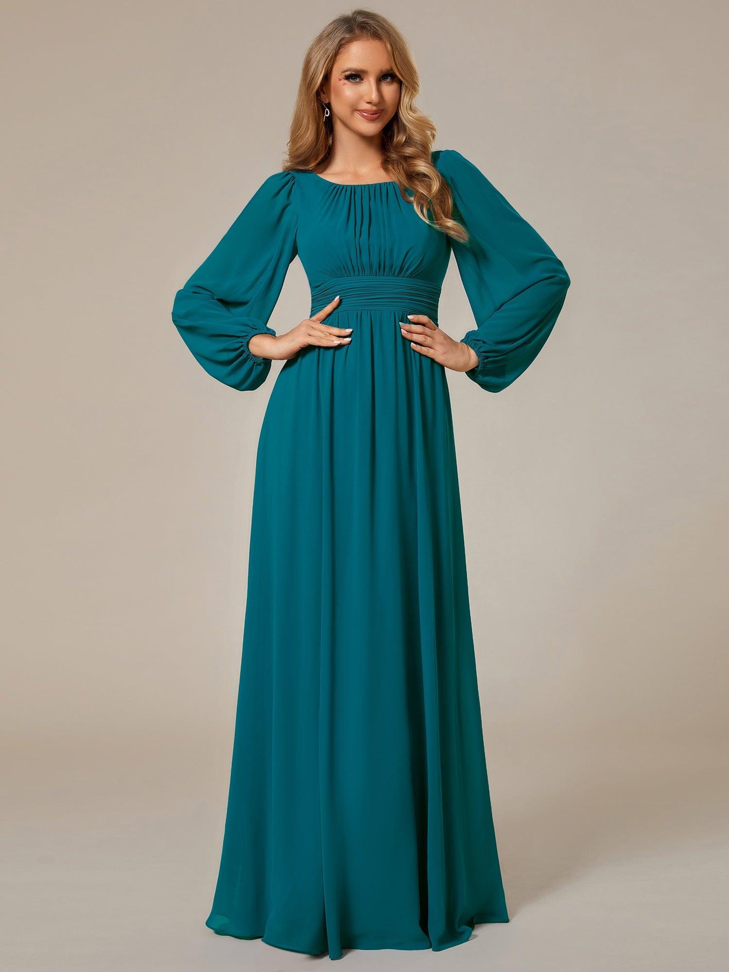 Custom Size See-Througth Puff Sleeve Chiffon Bridesmaid Dress #color_Teal
