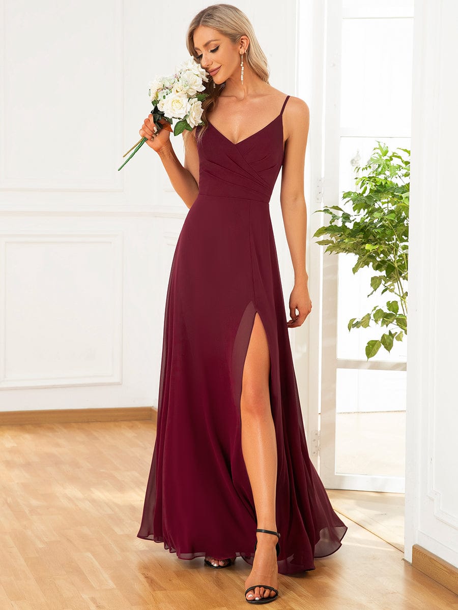 Custom Size Pleated V-Neck Spaghetti Strap High Slit Bridesmaid Dress #color_Burgundy