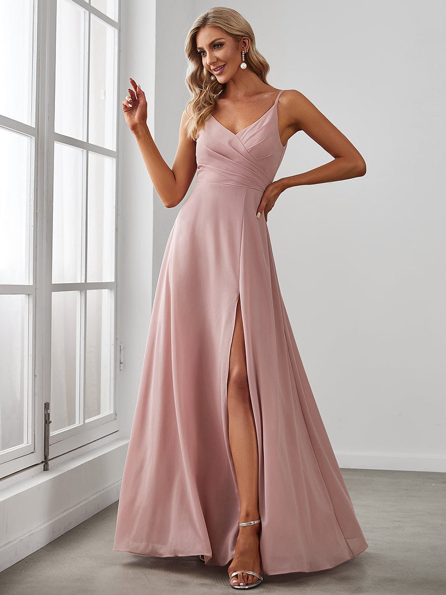 Custom Size Pleated V-Neck Spaghetti Strap High Slit Bridesmaid Dress #color_Dusty Rose