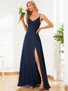 Custom Size Pleated V-Neck Spaghetti Strap High Slit Bridesmaid Dress