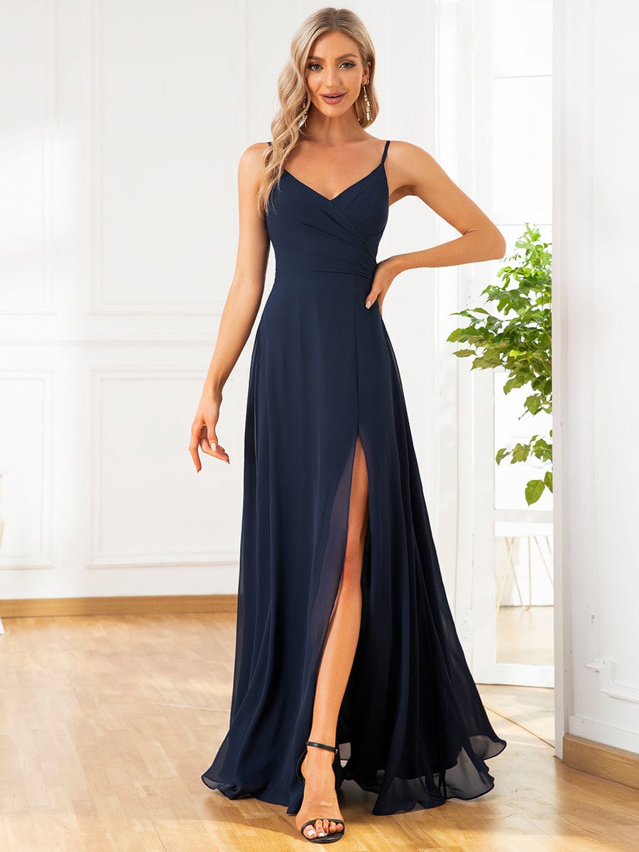 Custom Size Pleated V-Neck Spaghetti Strap High Slit Bridesmaid Dress #color_Navy Blue