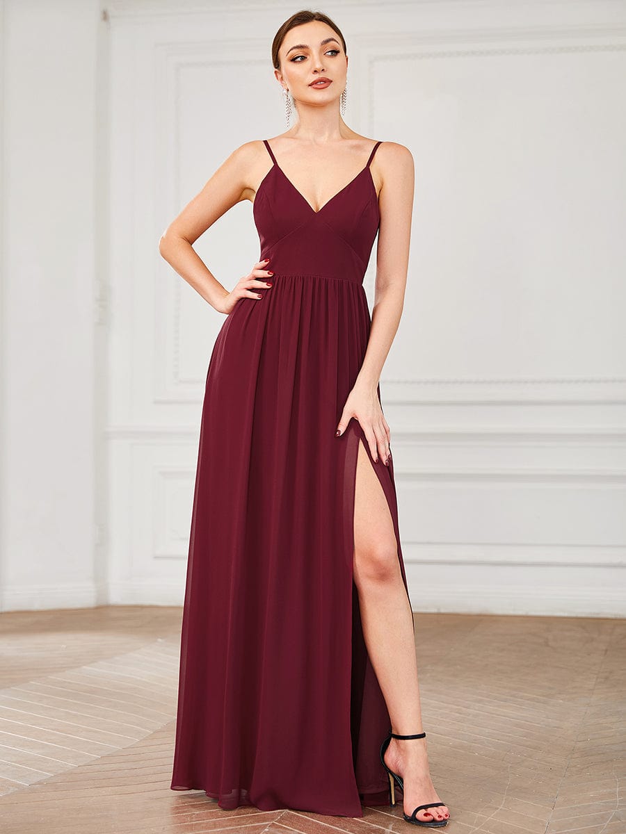 Chiffon Plunging V-Neck Spaghetti Strap Ruched A-Line Front Slit Bridesmaid Dress #color_Burgundy 