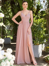 Chiffon Plunging V-Neck Spaghetti Strap Ruched A-Line Front Slit Bridesmaid Dress #color_Dusty Rose 