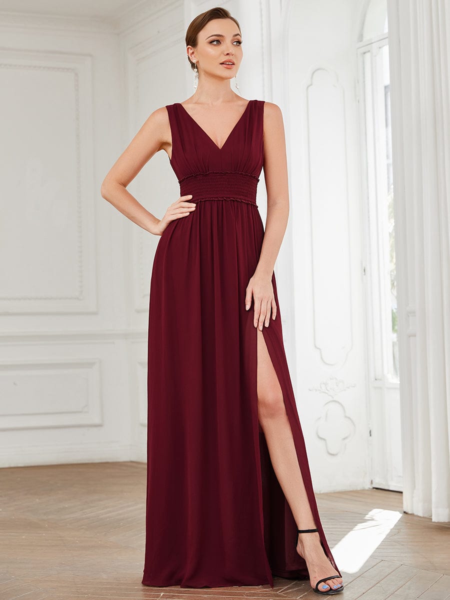 Pleated Chiffon V-Neck Sleeveless Front Slit Evening Dress #Color_Burgundy
