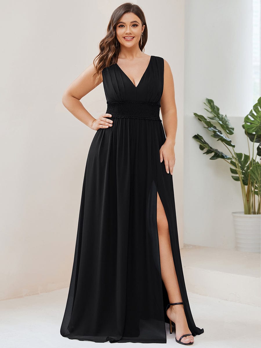 Plus Size V-Neck Sleeveless Pleated Chiffon Evening Dress #Color_Black