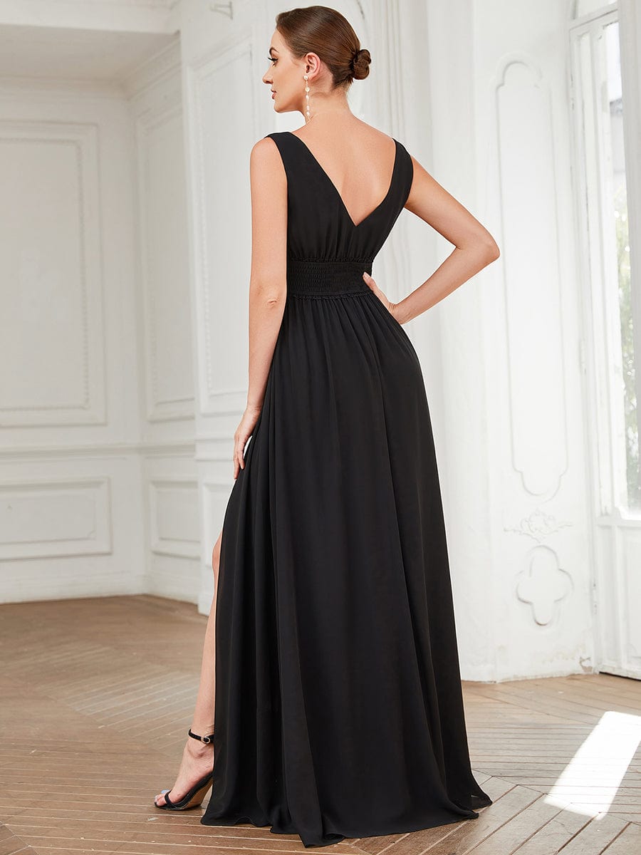Pleated Chiffon V-Neck Sleeveless Front Slit Evening Dress #Color_Black