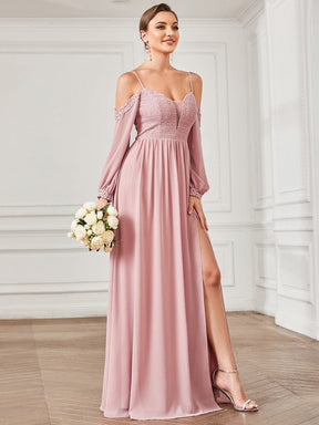Lace Cold Shoulder Long Sleeve Chiffon Front Slit Bridesmaid Dress