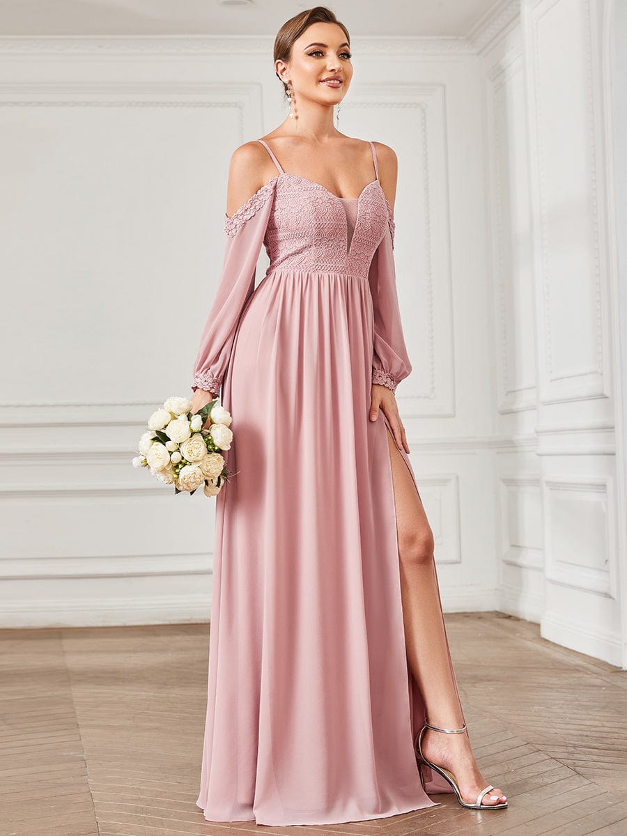 Lace Cold Shoulder Long Sleeve Chiffon Front Slit Bridesmaid Dress