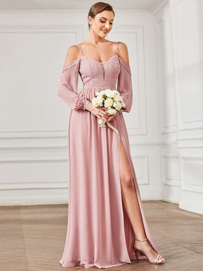 Lace Cold Shoulder Long Sleeve Chiffon Front Slit Bridesmaid Dress