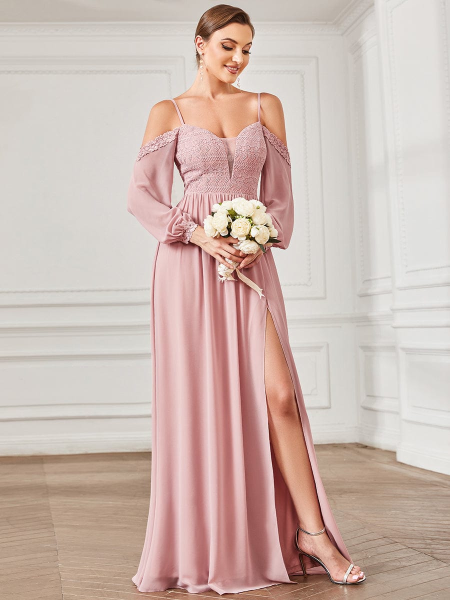 Lace Cold Shoulder Long Sleeve Chiffon Front Slit Bridesmaid Dress