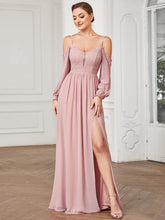 Lace Cold Shoulder Long Sleeve Chiffon Front Slit Bridesmaid Dress #Color_Dusty Rose