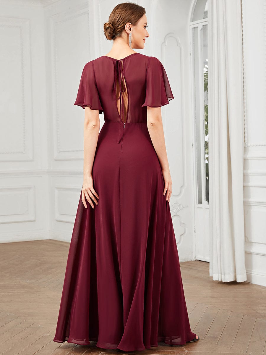 Chiffon Tie-Back Keyhole Short Sleeve A-line Bridesmaid Dress #Color_Burgundy