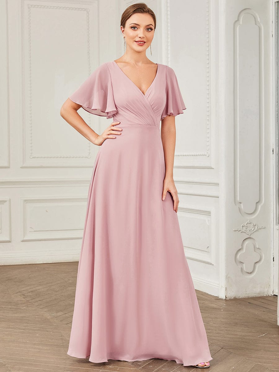 Chiffon Tie-Back Keyhole Short Sleeve A-line Bridesmaid Dress #Color_Dusty Rose