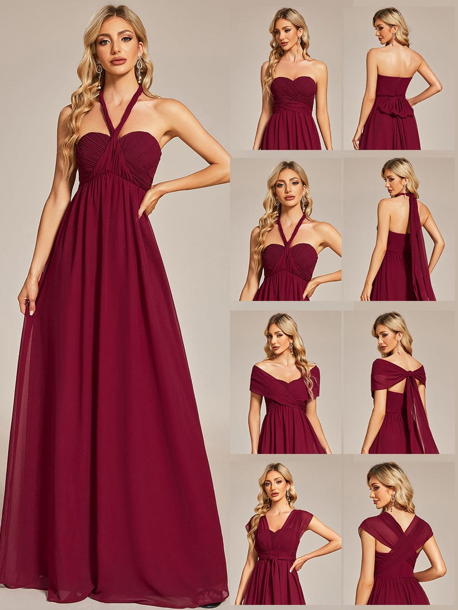 Multiway Chiffon Pleated Strapless Tie-Waist Bridesmaid Dress #color_Burgundy