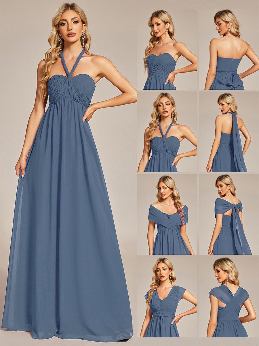 Multiway Chiffon Pleated Strapless Tie-Waist Bridesmaid Dress #color_Dusty Navy
