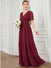 Chiffon Short Sleeve V-Neck Vintage Prairie Floor-Length Bridesmaid Dress #Color_Burgundy