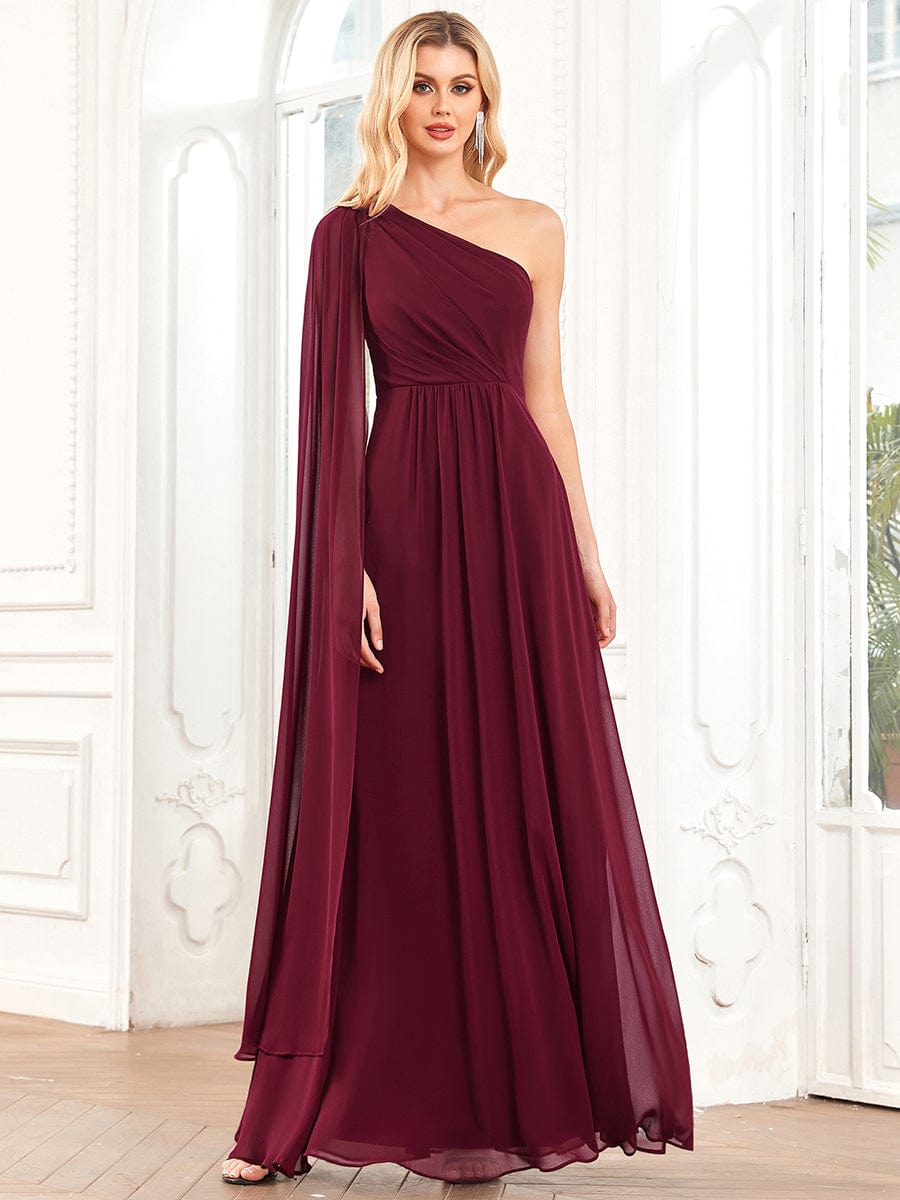 Asymmetrical Sleeve A-Line Pleated Chiffon Bridesmaid Dress #color_Burgundy