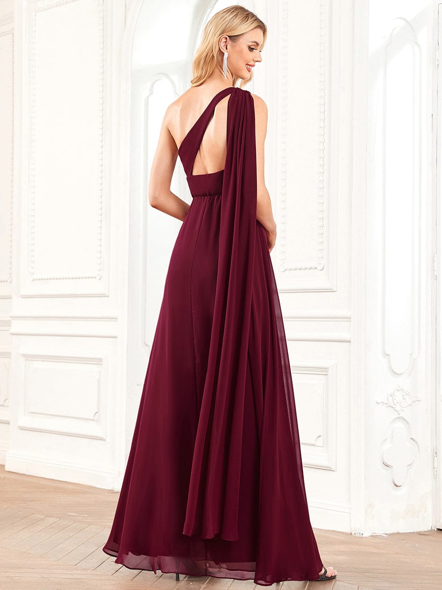 Asymmetrical Sleeve A-Line Pleated Chiffon Bridesmaid Dress #color_Burgundy