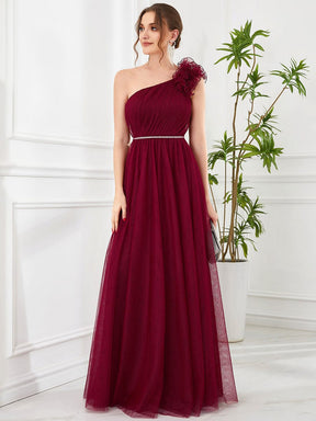 Ruffled Asymmetrical Single Strap Sequin Waist Tulle Bridesmaid Dress