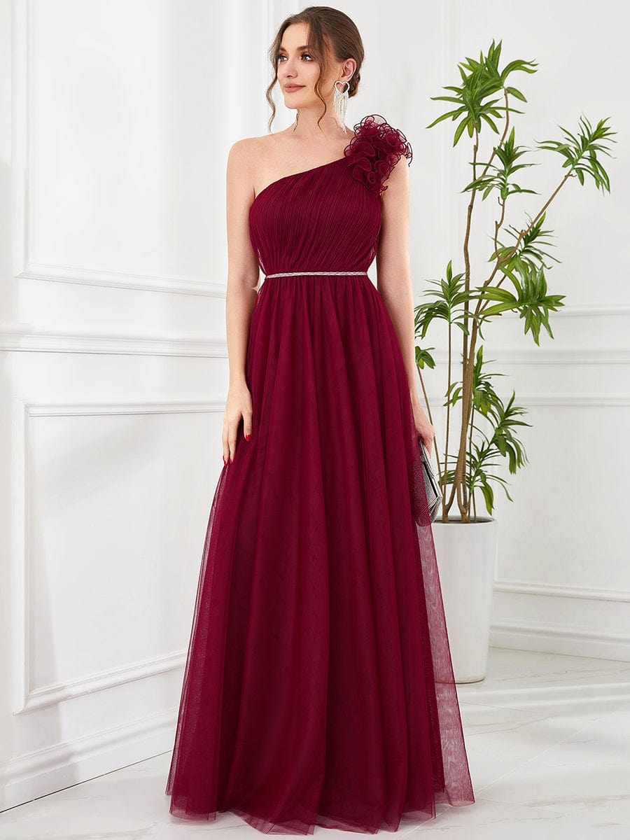 Ruffled Asymmetrical Single Strap Sequin Waist Tulle Bridesmaid Dress
